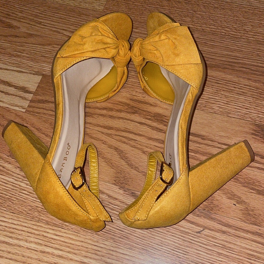 BAMBOO Mustard Yellow Heels with Bow Accent - Picture 9 of 15